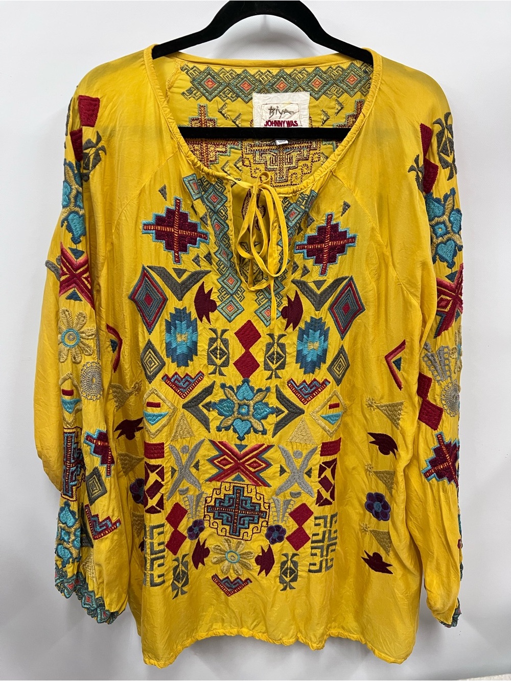 Biya Johnny Was golden Yellow Embroidered Boho long sleeve Top L blouse geometri